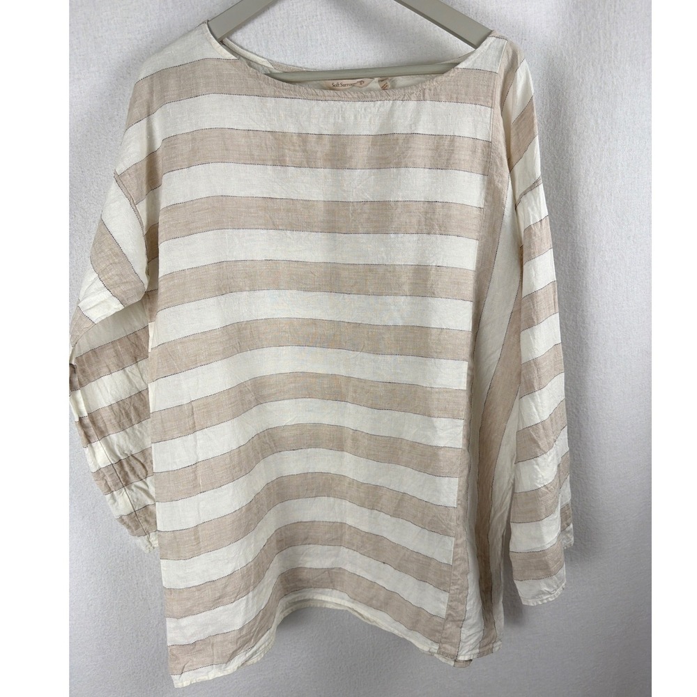 Soft Surroundings 100% Linen Striped Tunic Top Tan White Roll Tab Sleeve M